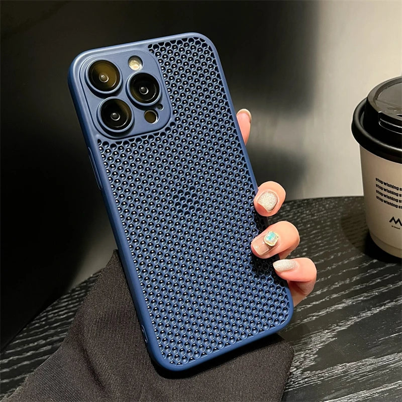 Original Heat Dissipation Breathable Mesh Hole Case For iPhone 16 15 14 11 12 13 Pro Max Plus Lens Protection Shockproof Cover