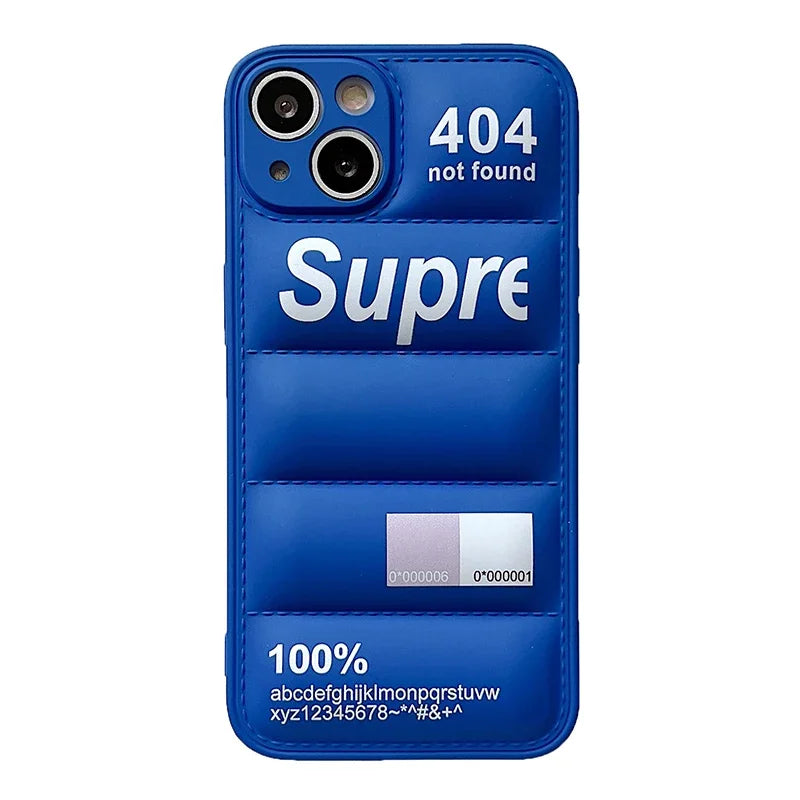 Blue phone case with 'Supreme' branding and '404 not found' text on a white background