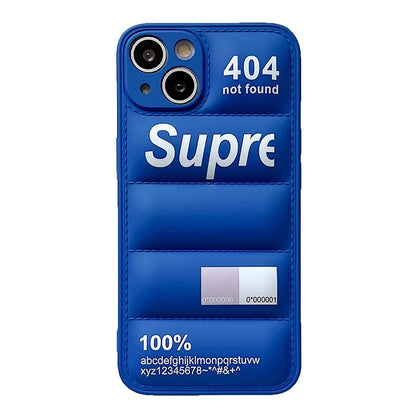 Blue phone case with 'Supreme' branding and '404 not found' text on a white background