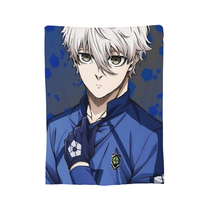 A rectangular wall tapestry featuring an anime character with white hair and green eyes, wearing a blue uniform, displayed against a solid white background.