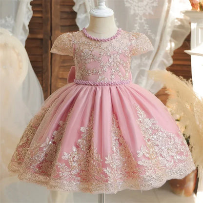 New Years Wedding Princess Dress for Baby Girls Birthday One Year Dress Party Baptism Gala Gown Green Bow Christmas Costume 1-5Y