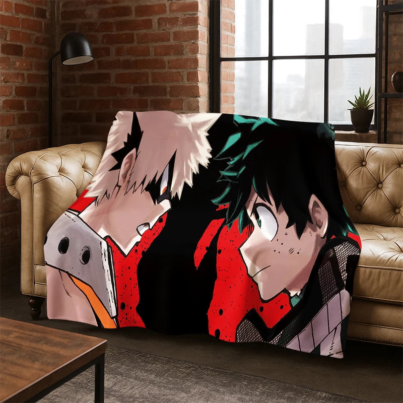 A fleece throw blanket featuring an anime character print is draped over a tan leather sofa in a living room setting with a brick wall and window in the background.