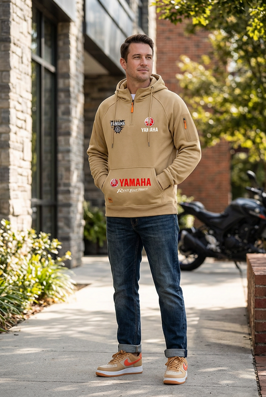 2026 Yamaha Autumn/Winter Retro Heavyweight Men’s Fleece Hooded Sweatshirt – Long-Sleeved Motorcycle Casual Jacket