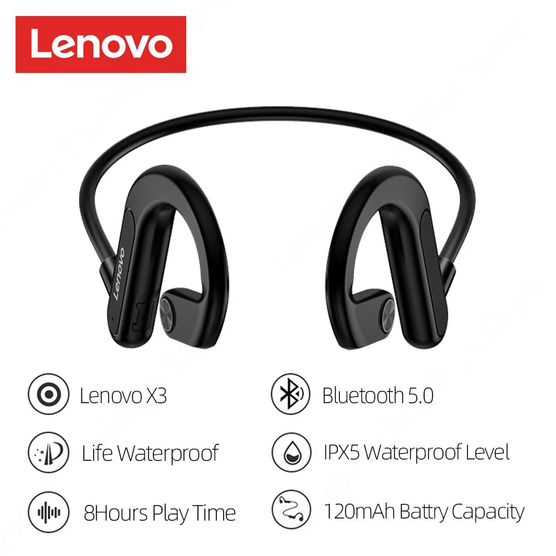 Lenovo-auriculares de conducción ósea X3 Pro, inalámbricos por Bluetooth, Hifi, con gancho para la oreja y micrófono, resistentes al agua