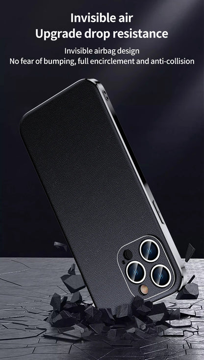 Genuine Cowhide Leather Phone Case for iPhone 16 15 11 12 13 14 Pro Max Luxury Plating Shockproof Lens Protection Back Cover