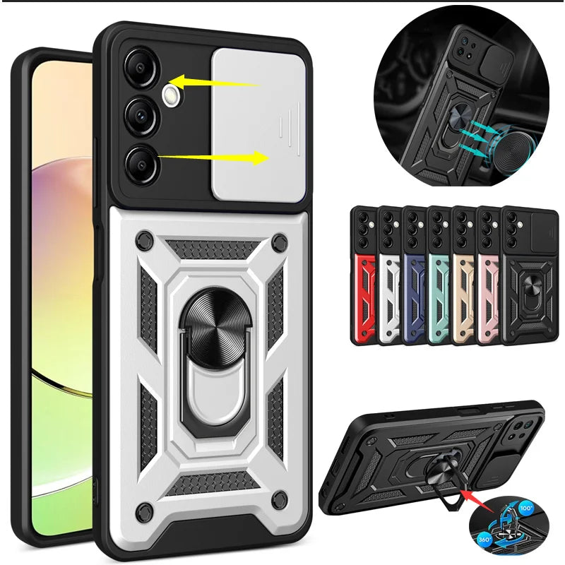 Camera Shockproof Armor Case For Samsung Galaxy S24 S23 S22 S21 S20 Ultra Plus FE A14 A15 Car Magnetic Holder Ring Stand Cover