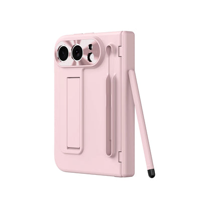 A light pink protective phone case with a built-in kickstand, shown with a matching stylus pen on a solid white background.