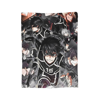 A rectangular printed blanket or mat featuring an anime-style collage of a black-haired basketball player in a black and white jersey, shown on a plain white background.
