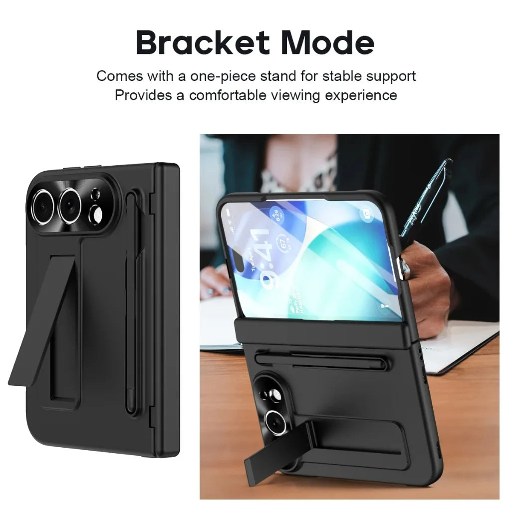 Black phone case with a built-in kickstand and pen slot, shown in two views: a standalone back view on the left and a lifestyle usage shot on the right with a phone inserted and a pen in the side slot. Text at the top reads 'Bracket Mode' with descriptive copy.