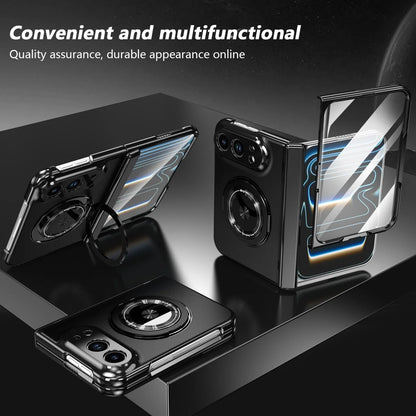 Transparent and black phone case with built-in kickstand and camera ring, shown in multiple angles on a glossy black background with promotional text at the top.
