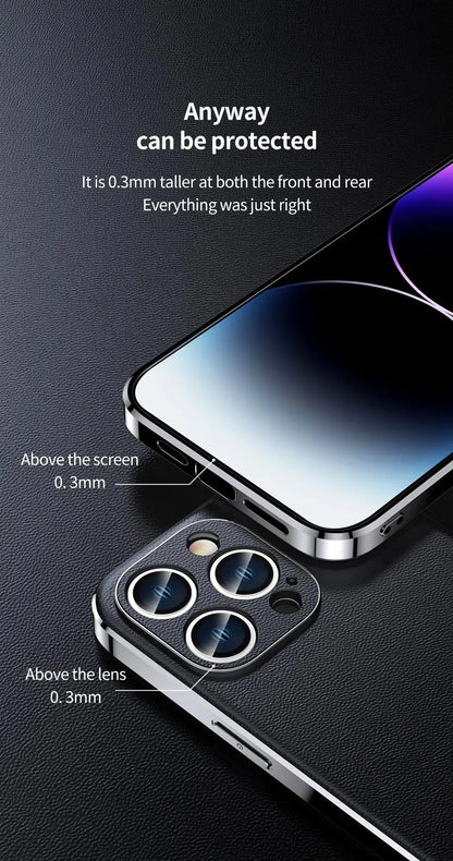 Genuine Cowhide Leather Phone Case for iPhone 16 15 11 12 13 14 Pro Max Luxury Plating Shockproof Lens Protection Back Cover