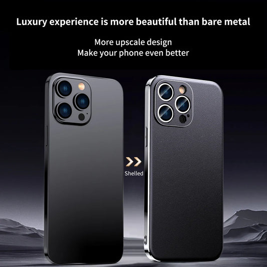 Genuine Cowhide Leather Phone Case for iPhone 16 15 11 12 13 14 Pro Max Luxury Plating Shockproof Lens Protection Back Cover