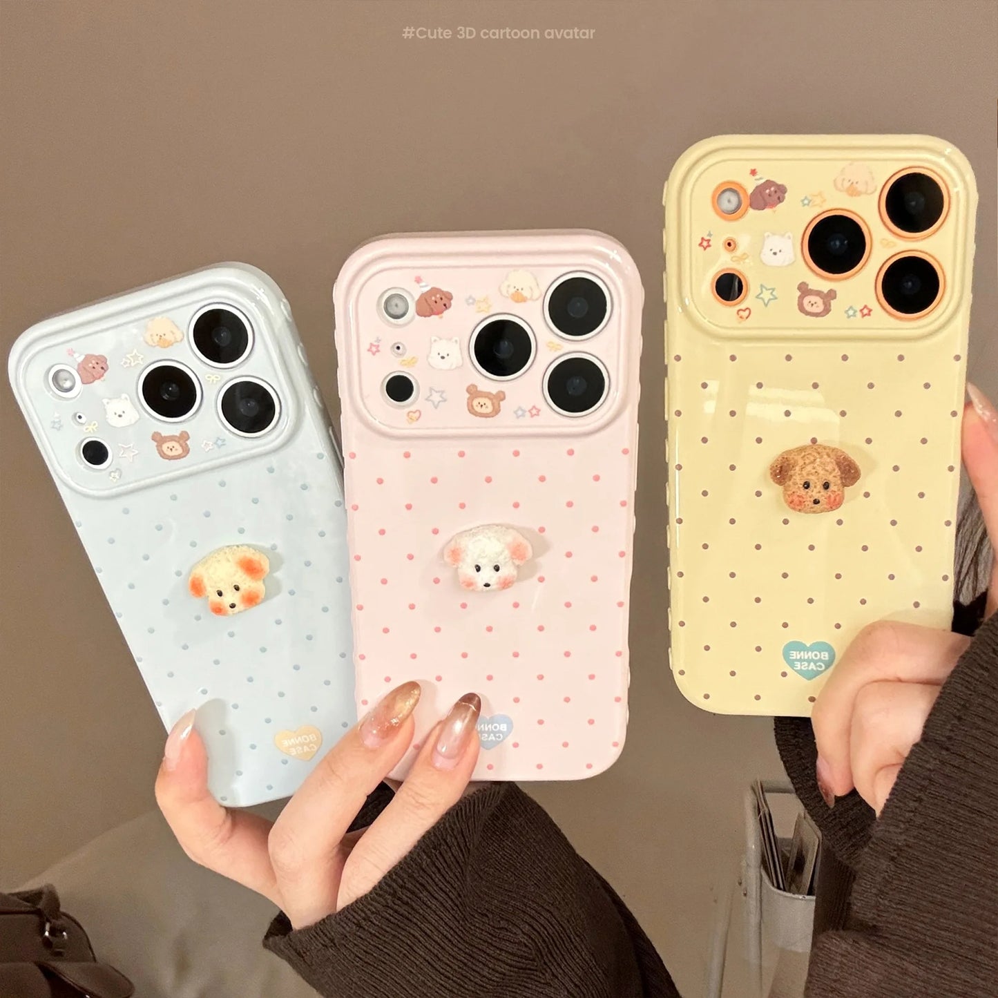 Korean Polka Dots 3D Cartoon Puppy Phone Case For iPhone 17 16 15 14 13 12 Pro Max Candy Colors Shockproof Protective Soft Cover
