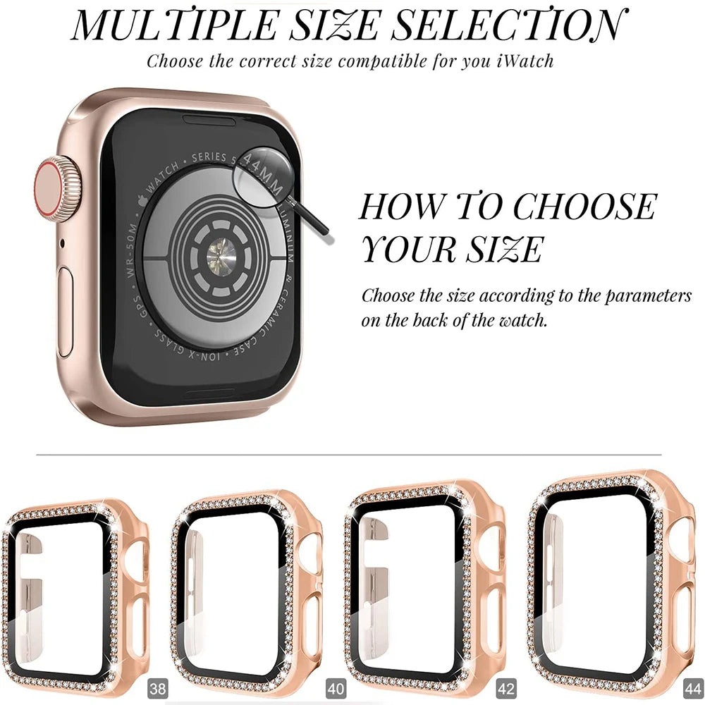 Screen Protector Case For Apple Watch 41mm 45mm 40mm 44mm Diamond Full Cover Bumper + Glass for iWatch Series 9 8 7 6 Se 5 4 3 2