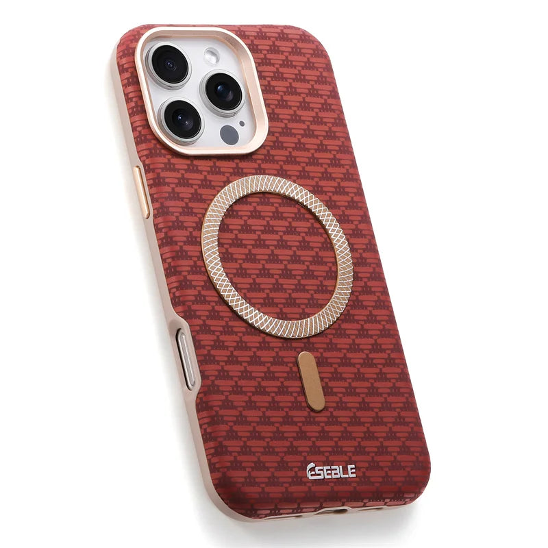 Red patterned phone case with a metallic ring holder on a white background