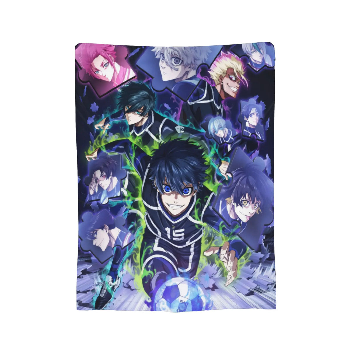 A rectangular printed blanket or towel featuring anime characters from Jujutsu Kaisen, shown flat against a plain white background.