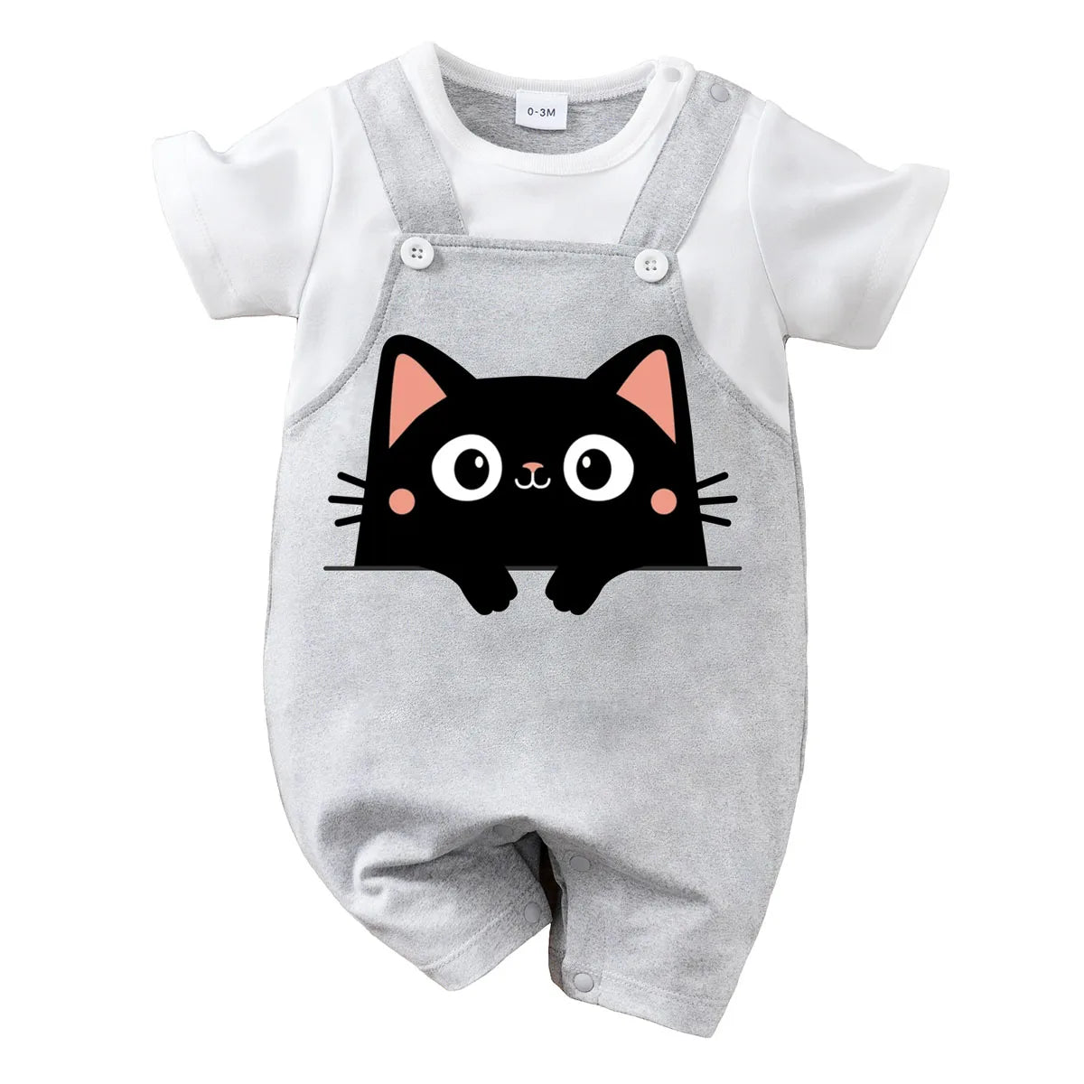 IURNXB Summer Infant Cartoon Black Cat Printed Unisex Romper with Suspenders (0-18M)