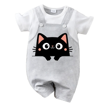 IURNXB Summer Infant Cartoon Black Cat Printed Unisex Romper with Suspenders (0-18M)