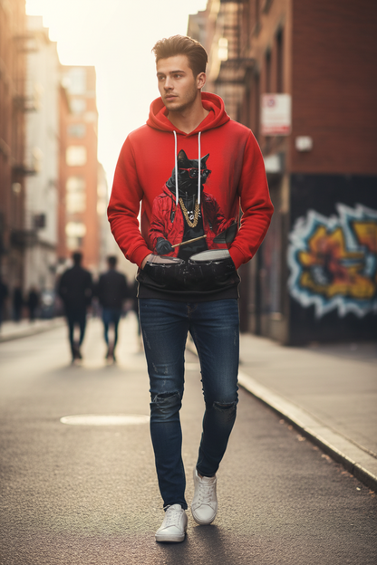 A man walking down an urban street wearing a bright red hoodie with a large black wolf graphic on the front, blue jeans, and white sneakers.