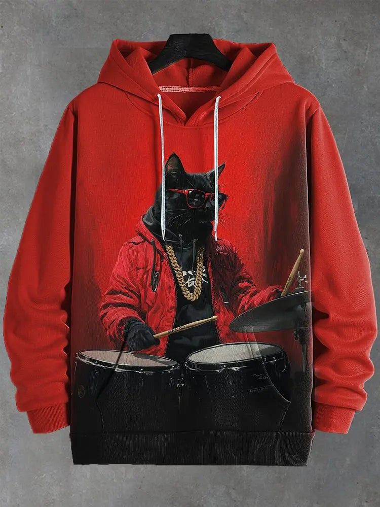 Red hoodie with a graphic of a black cat playing drums on a gray background
