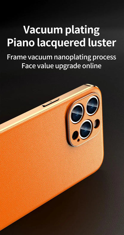 Genuine Cowhide Leather Phone Case for iPhone 16 15 11 12 13 14 Pro Max Luxury Plating Shockproof Lens Protection Back Cover