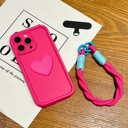 Luxury 3D Love Heart Matte Soft Lanyard Rope Phone Case For iPhone 16 15 14 13 12 11 Pro Max X XS XR 7 8 Plus Shockproof Cover