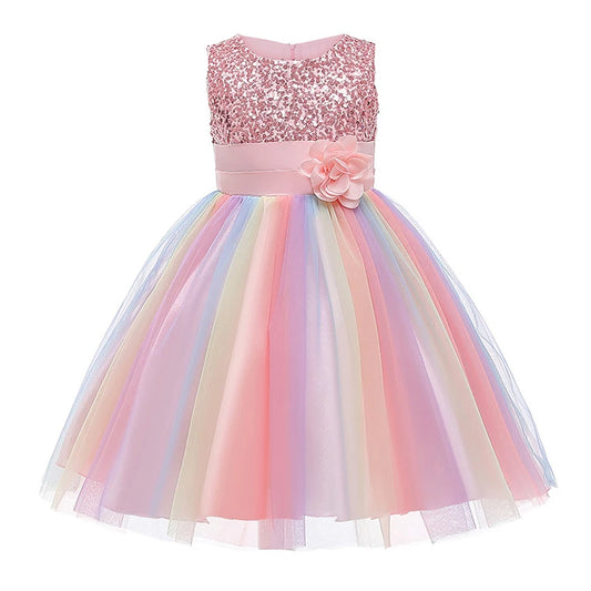 2025 Sequins Girls Dress Summer Flower Fashion Rainbow Mesh Little Princess Dresses For Piano Performance Costume Kids Clothes
