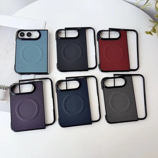 Six phone cases arranged on a white surface, each with a textured rectangular back panel and black bumper edges. The cases come in blue, black, red, purple-to-black gradient, dark blue, and dark gray-to-black gradient colorways.