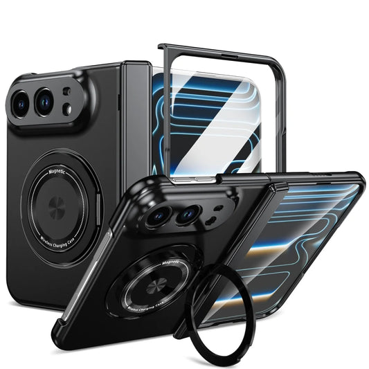 Black magnetic phone case with a built-in ring stand, shown from multiple angles to display the camera cutout, magnetic ring, and transparent back panel.