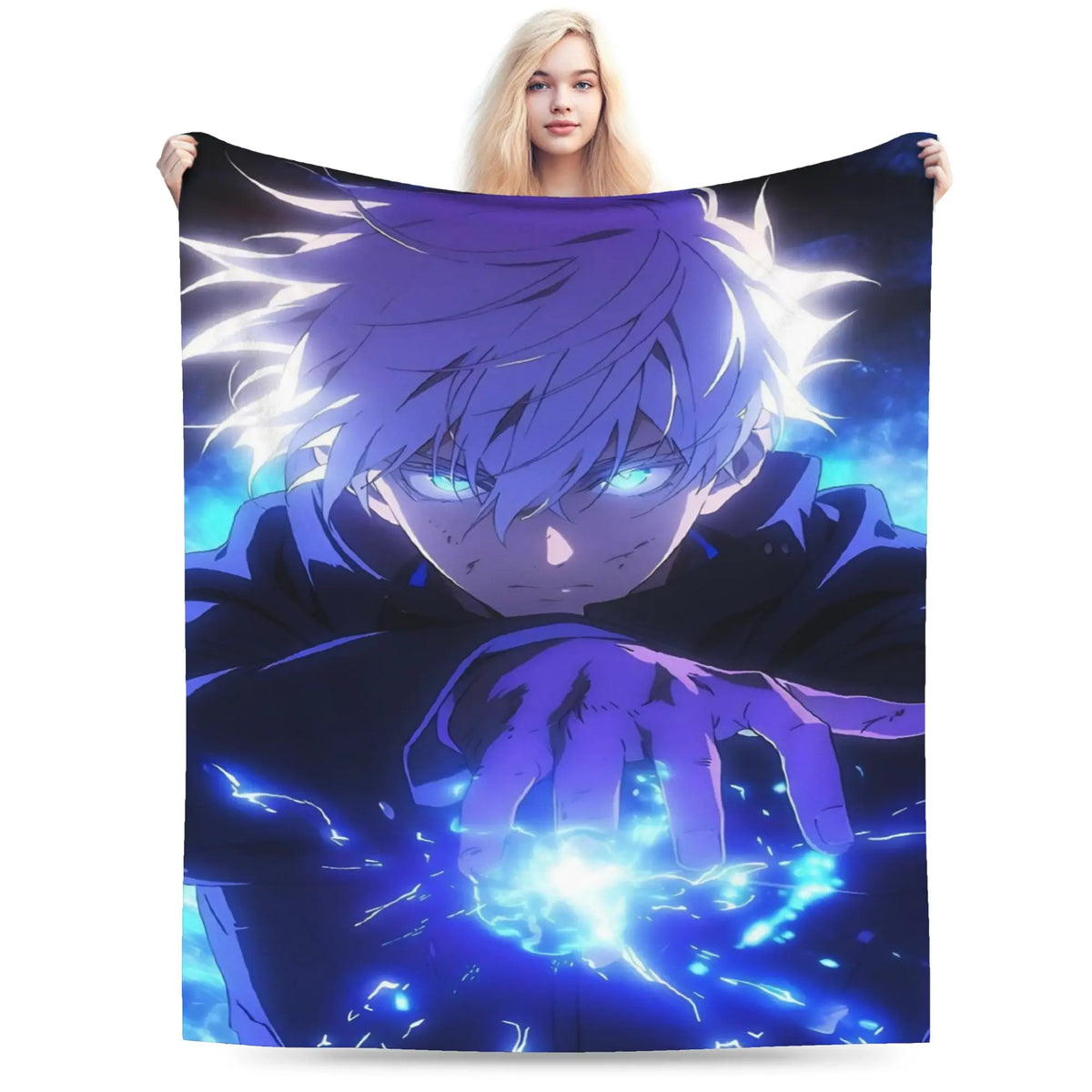 A woman holds up a large blanket or tapestry featuring an anime-style character with purple hair and glowing blue eyes, surrounded by electric blue energy effects on a dark background.