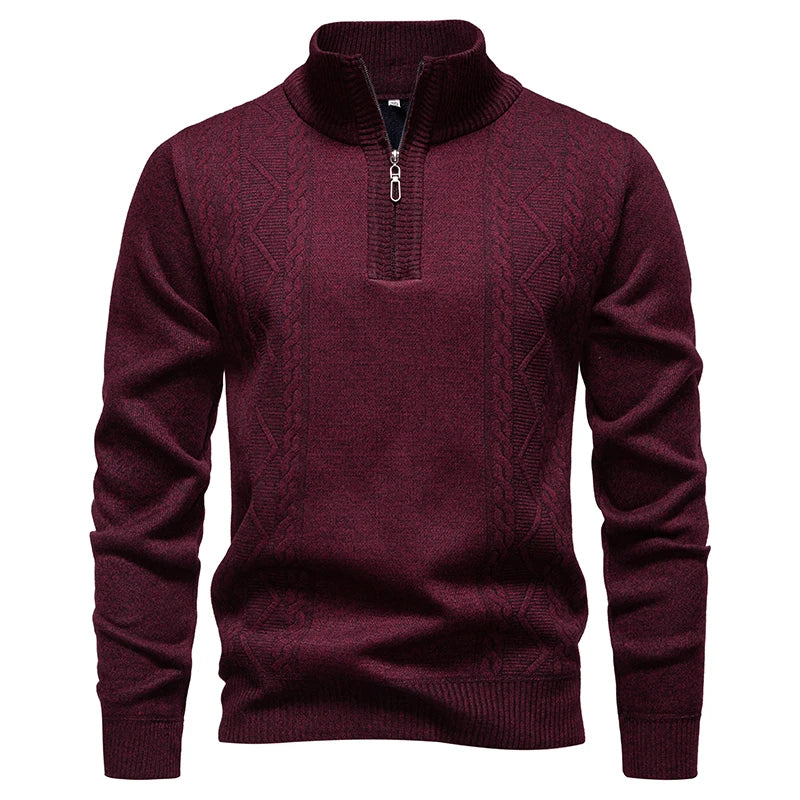 Winter Fleece-Lined Stand Collar Half-Zip Pullover Knitted Sweater for Men,Multi-Color Versatile Casual  Men's Knit Sweater