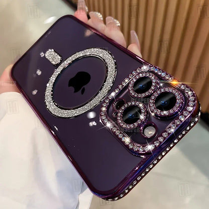 High-grade Glitter Rhinestones Phone Case For iPhone 16 15 11 12 13 14 Pro Max 16 Plus Magsafe Magnetic Clear Lens Protect Cover