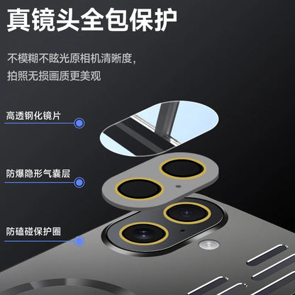 Promotional graphic for a phone camera protector set, showing a smartphone rear with two camera lenses and a separate oval-shaped clear protective cover above. Chinese text highlights features such as full camera protection, high-clarity lenses, and a防爆隐形气囊层.