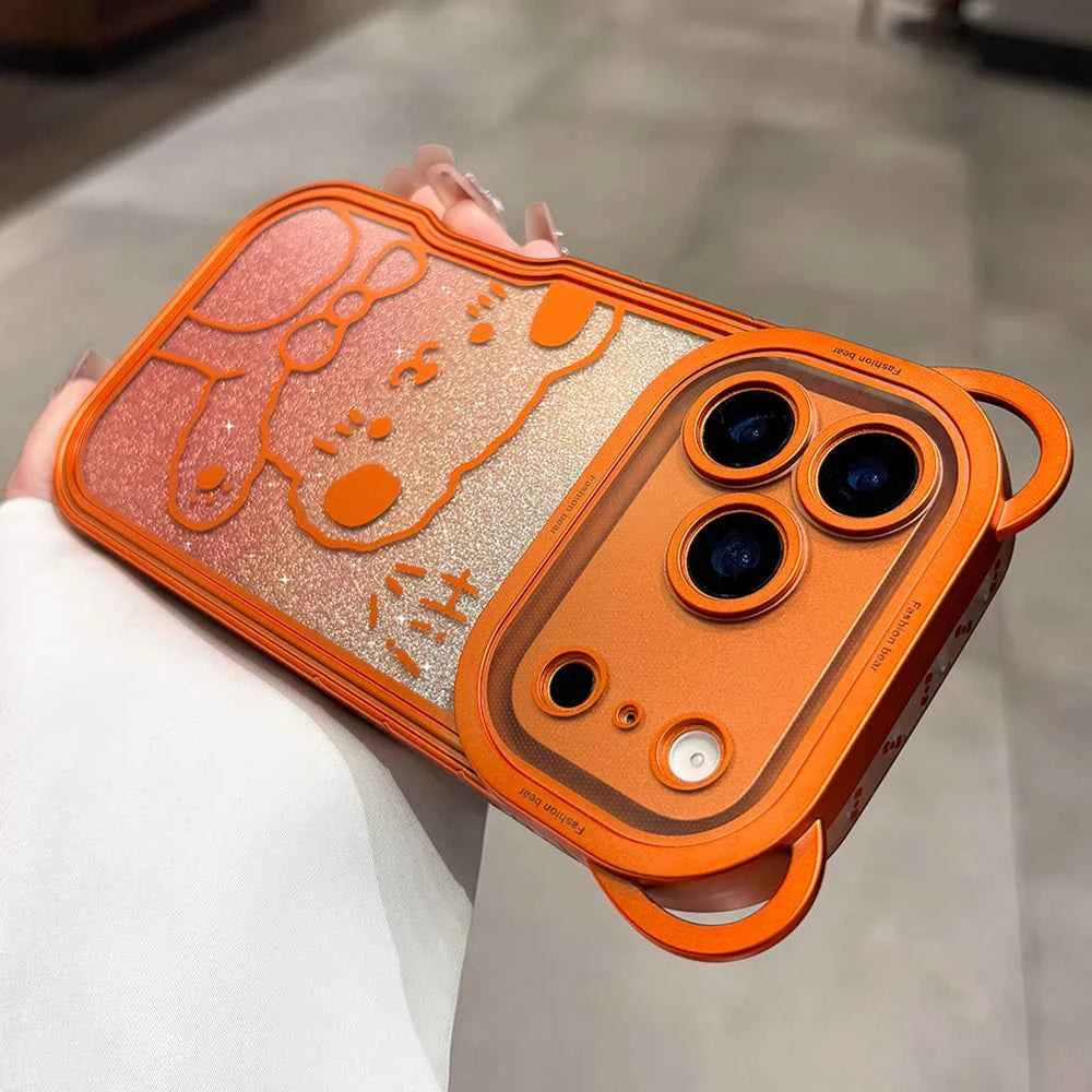 Orange Cute Bear Ear Plating Transparent Long Lanyard Case For iPhone 17 Pro Max 17Pro 17 Air Clear Soft TPU Shockproof Cover