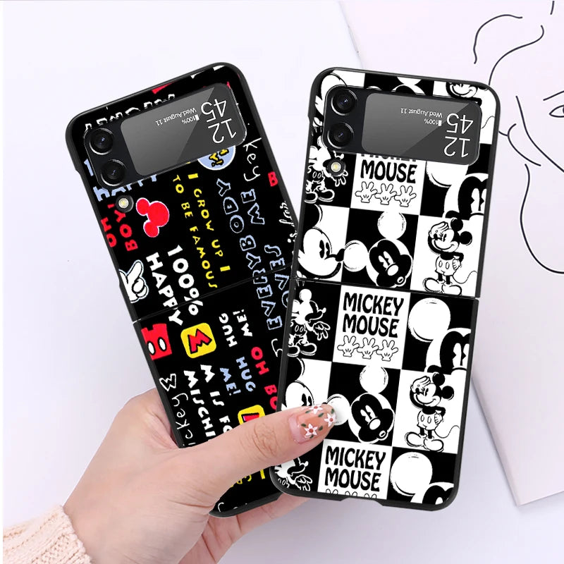 Phone Case For Samsung Galaxy Z Flip 3 4 5G Luxury PC Black Hard Cover ZFlip3 ZFlip4 Fall Prevention Shell Mickeyy💙💙Mouse