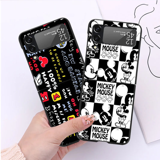 Phone Case For Samsung Galaxy Z Flip 3 4 5G Luxury PC Black Hard Cover ZFlip3 ZFlip4 Fall Prevention Shell Mickeyy💙💙Mouse
