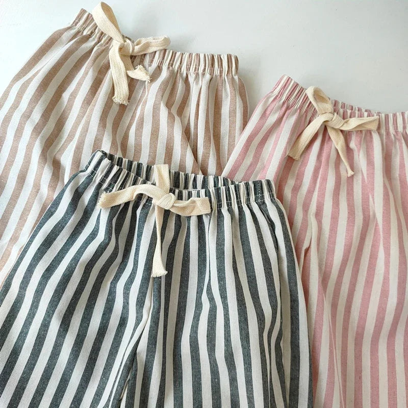 Spring Summer Boys Striped Loose Pants Baby Girl Vintage Casual Linen Cotton Harlan Pants Kids Lace-up Pant Children Clothing