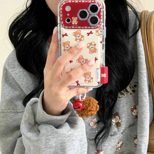 Cute Bow Bear Phone Case for iPhone 17, 17 Pro, 17 Pro Max, 16, 15, 14, 13 Pro Max Shockproof Phone Case with Lanyard