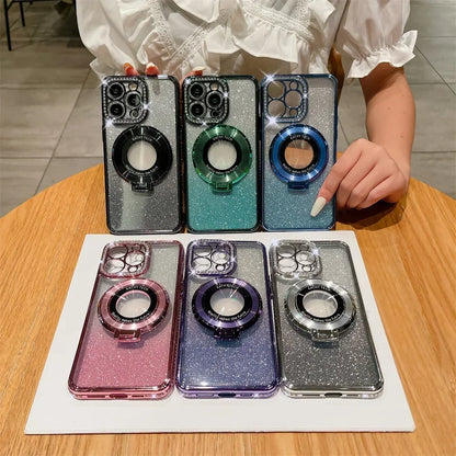 Luxury Glitter Rhinestone for Magsafe Bracket Case for iPhone 15 14 11 12 13 Pro Max Plus Bling Diamond Gradient Stand TPU Cover