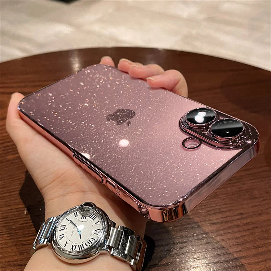 Luxury Bling Glitter Clear Slim Case For iPhone 16 15 14 13 12 Pro Max Shockproof  Plating Bumper Desert Gold Transparent Cover