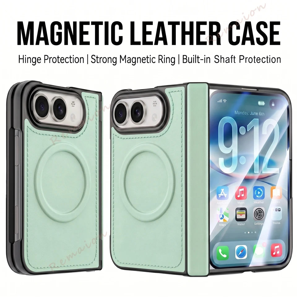 A mint green magnetic leather phone case shown from the back and side, with a smartphone inserted in the front view. The image includes marketing text at the top: 'MAGNETIC LEATHER CASE' and feature callouts about hinge protection, magnetic ring, and built-in shaft protection.