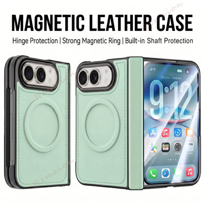 A mint green magnetic leather phone case shown from the back and side, with a smartphone inserted in the front view. The image includes marketing text at the top: 'MAGNETIC LEATHER CASE' and feature callouts about hinge protection, magnetic ring, and built-in shaft protection.