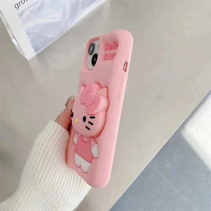 Cute Hello Kitty Phone Case For iPhone 17 16 15 14 13 12 11 Pro Max Plus 17Pro Head Grip Tok Holder Silicone Cartoon Phone Cases