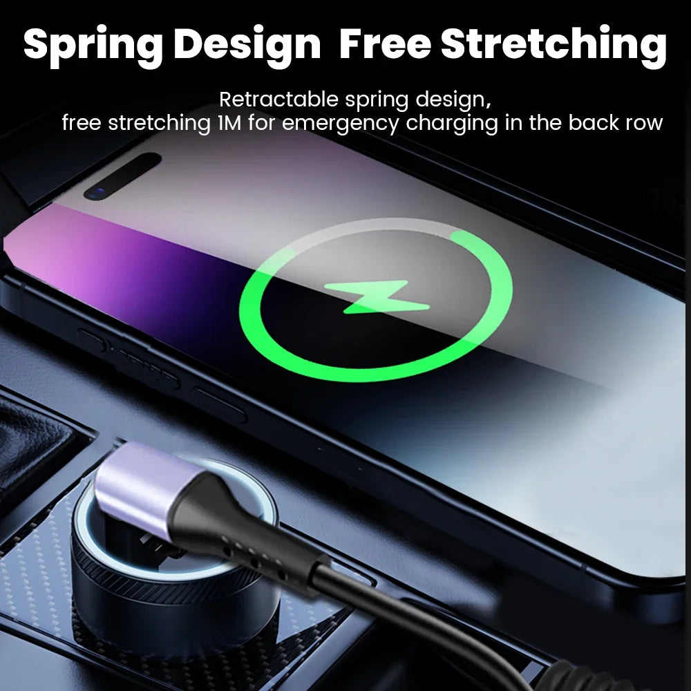 20CM To 1M Car Spring Cable 66W Short Fast Charging Wire Type C TO Type C Cable For iPhone 15 Huawei Xiaomi Samsung USB C Cable