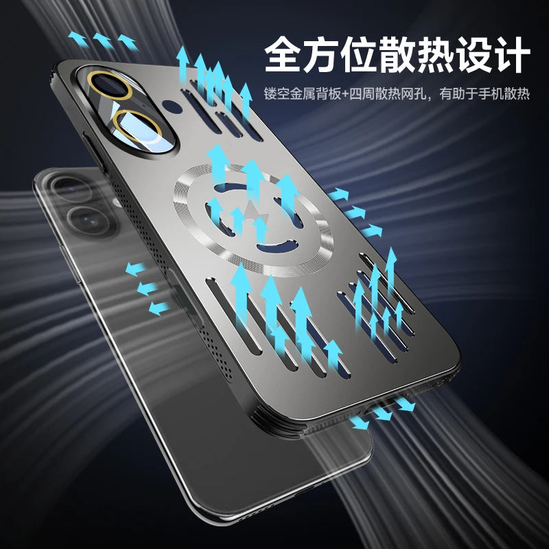 A metallic gray phone case with a circular magnetic ring and multiple vent cutouts, shown floating over a smartphone. Blue arrows illustrate airflow for heat dissipation, with Chinese promotional text at the top.