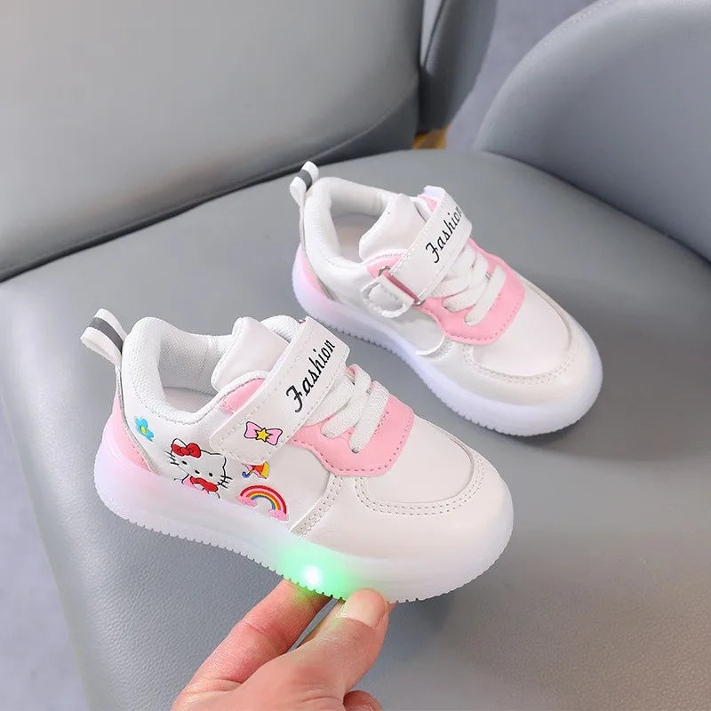 LED Kids Shoes for Girls Cute Cartoon Helloo Kitty Shoes Baby Girl Kawaii Canvas Shoes Soft Bottom Sneakers Casual Shoes