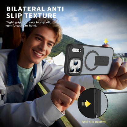 Person holding a phone with a phone case featuring bilateral anti-slip texture, outdoors.