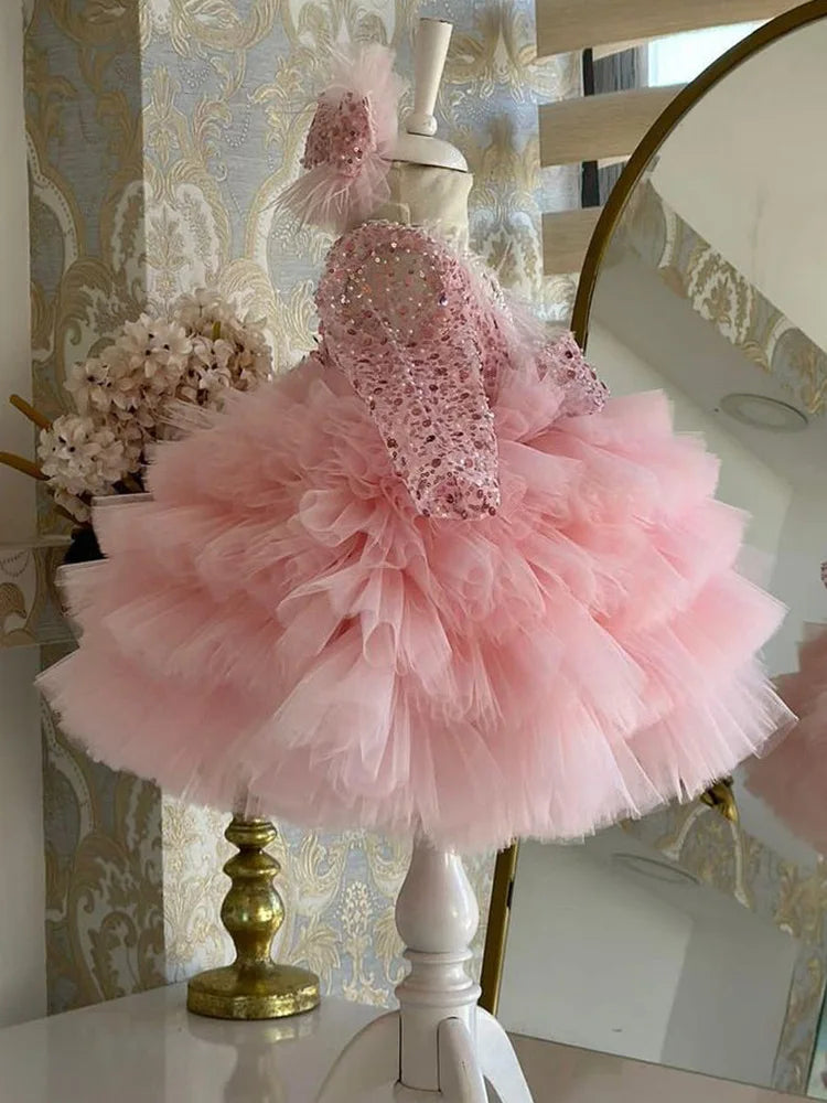 Luxury Girl Party Dress Birthday Party Evening Dress First Formal Christmas Gift Girl Sequins Stage Performance Pink Dress