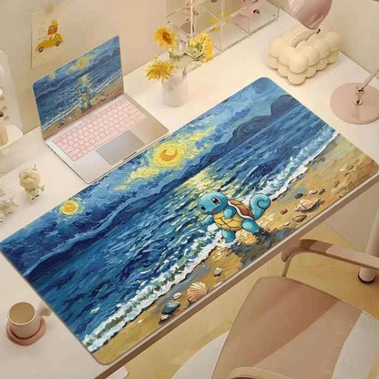 Cute Psyduck Gaming Leather Mouse Pad PC Pikachu Large Size Gamer Keyboard Pokemon Desktop Mouse Mat Starry Night Tablecloth