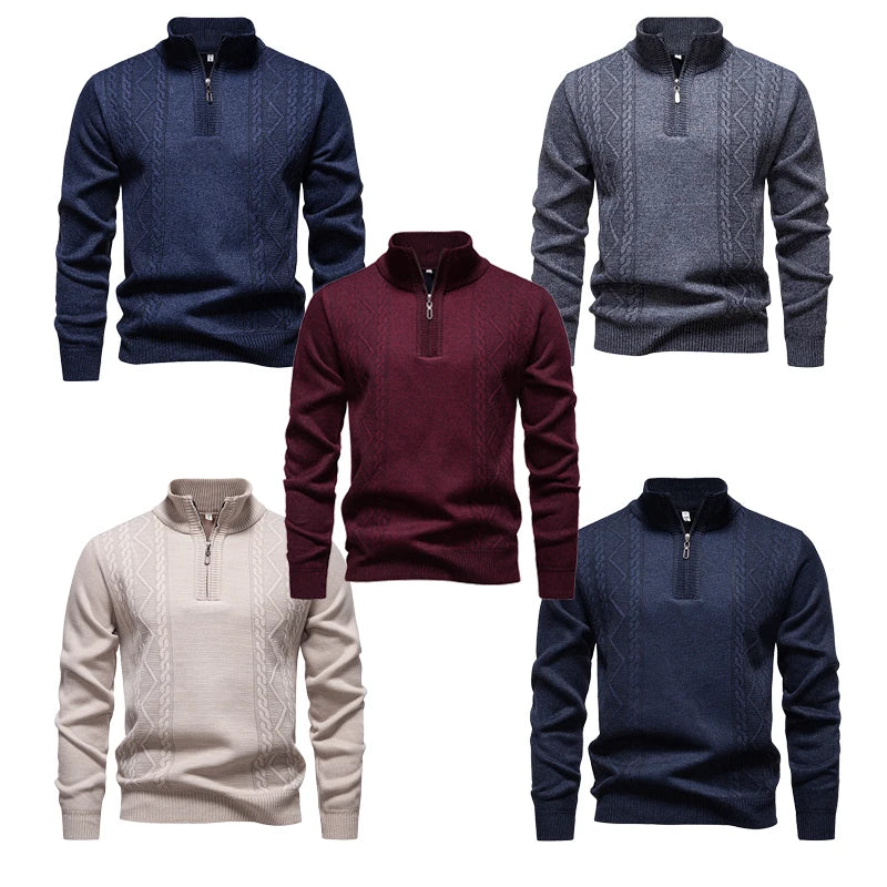 Five cable knit quarter zip sweaters in different colors on a white background